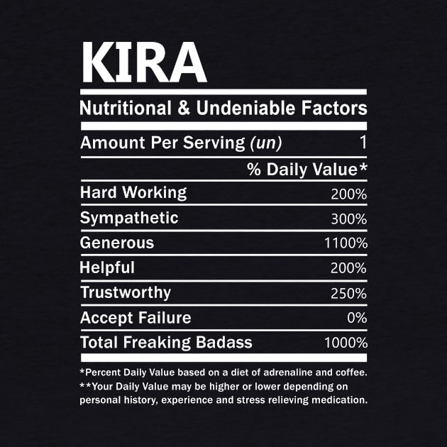 Kira Name T Shirt - Kira Nutritional and Undeniable Name Factors Gift Item Tee by nikitak4um